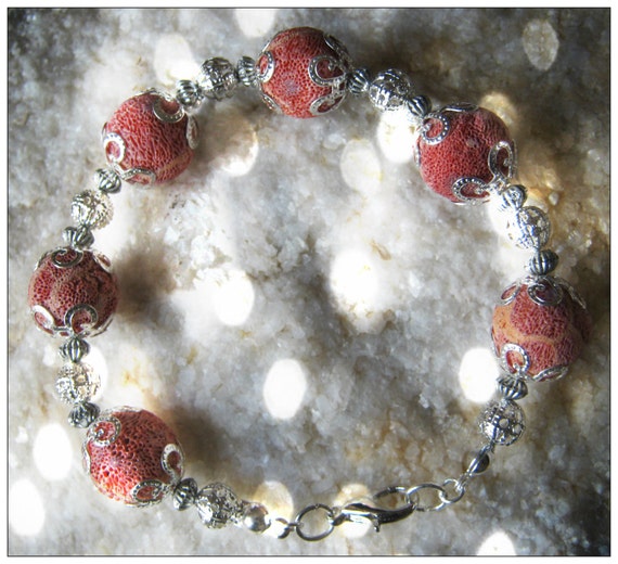 Handmade Silver Bracelet with Red Bubble Coral by IreneDesign2011
