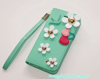 mint green flowers iphone 4 wallet case,iphone 4s wallet case,iphone 5 ...