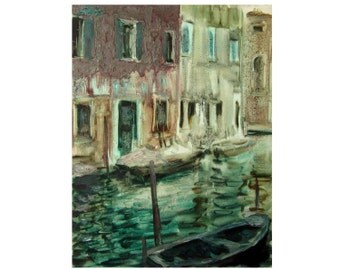 Boats on the channel - Venetian landscape - original oil painting on paper