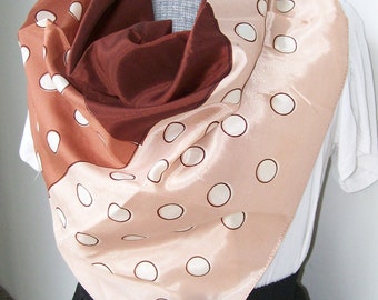 Vintage POLKA-DOT SCARF and Scarf Slide Vanette Rust Peach White Water Repellent 32” x 32”