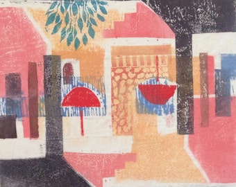 Original art, Woodcut print 'Holidays', signed.