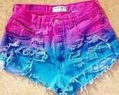 Items similar to Pink and Blue distressed high waisted denim shorts on Etsy