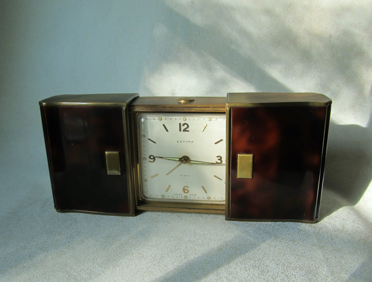 Art Deco Swiss Sliding Case Clock Estyma Travel Clock Faux