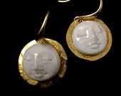 Harvest moon earring, Zen, carved bone, ivory, cabochon, drop earring, minimalist earring, gilded moon earring, moon face earring