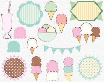 Digital Ice Cream Clip Art, Printable Ice Cream Party Clip Art, Digital Ice Cream Cones, Retro Ice Cream Parlour, Pink Milkshake, Dessert