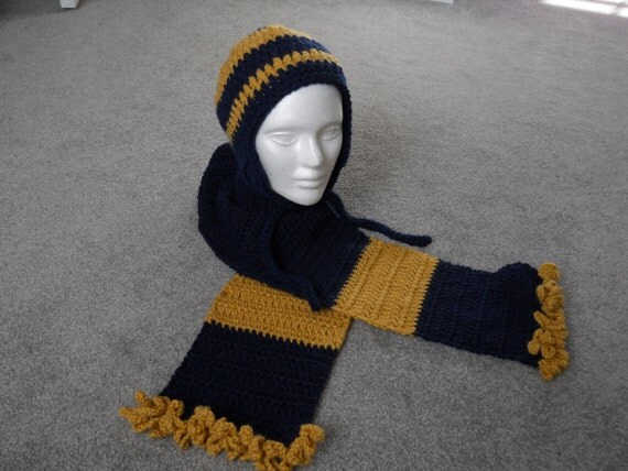 Crocheted Teen/Adult Navy & Gold Stocking Cap with Earflaps