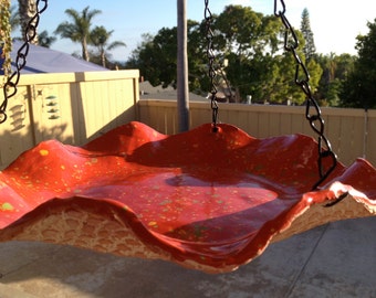 Fiesta Hanging Bird Feeder / Bird Bath Handmade Ceramic. The base is embossed with a Doily design and white wash glaze.