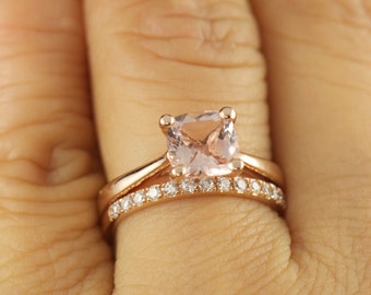 7mm cushion cut morganite solitaire engagement ring with diamond wedding band classic style talia - Solitaire Engagement Ring With Diamond Wedding Band 7mm cushion cut morganite solitaire engagement ring with diamond wedding band classic style talia - Solitaire Engagement Ring With Diamond Wedding Band