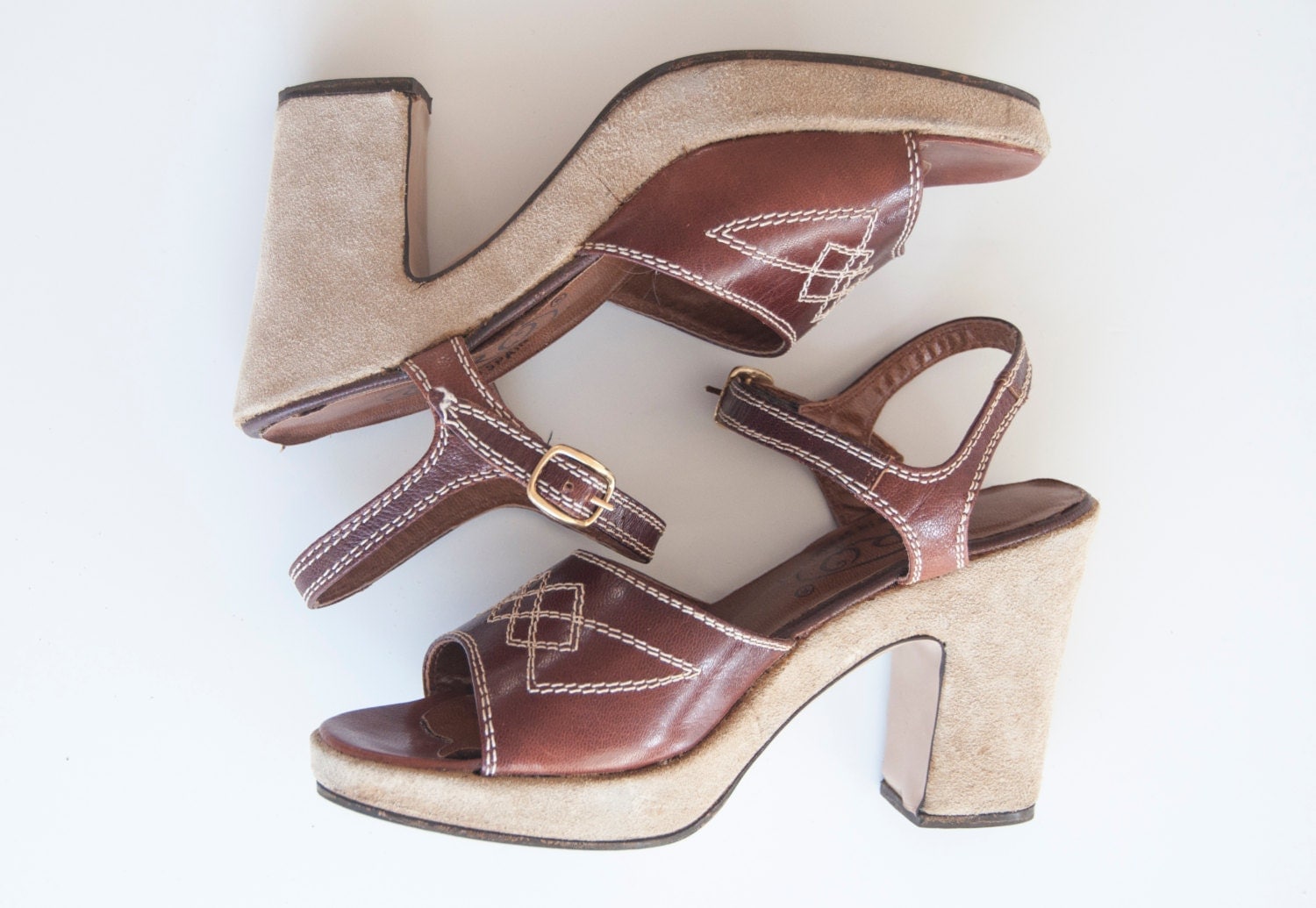 70s Leather Platform Sandals 6.5 Brown Tan Rust Suede