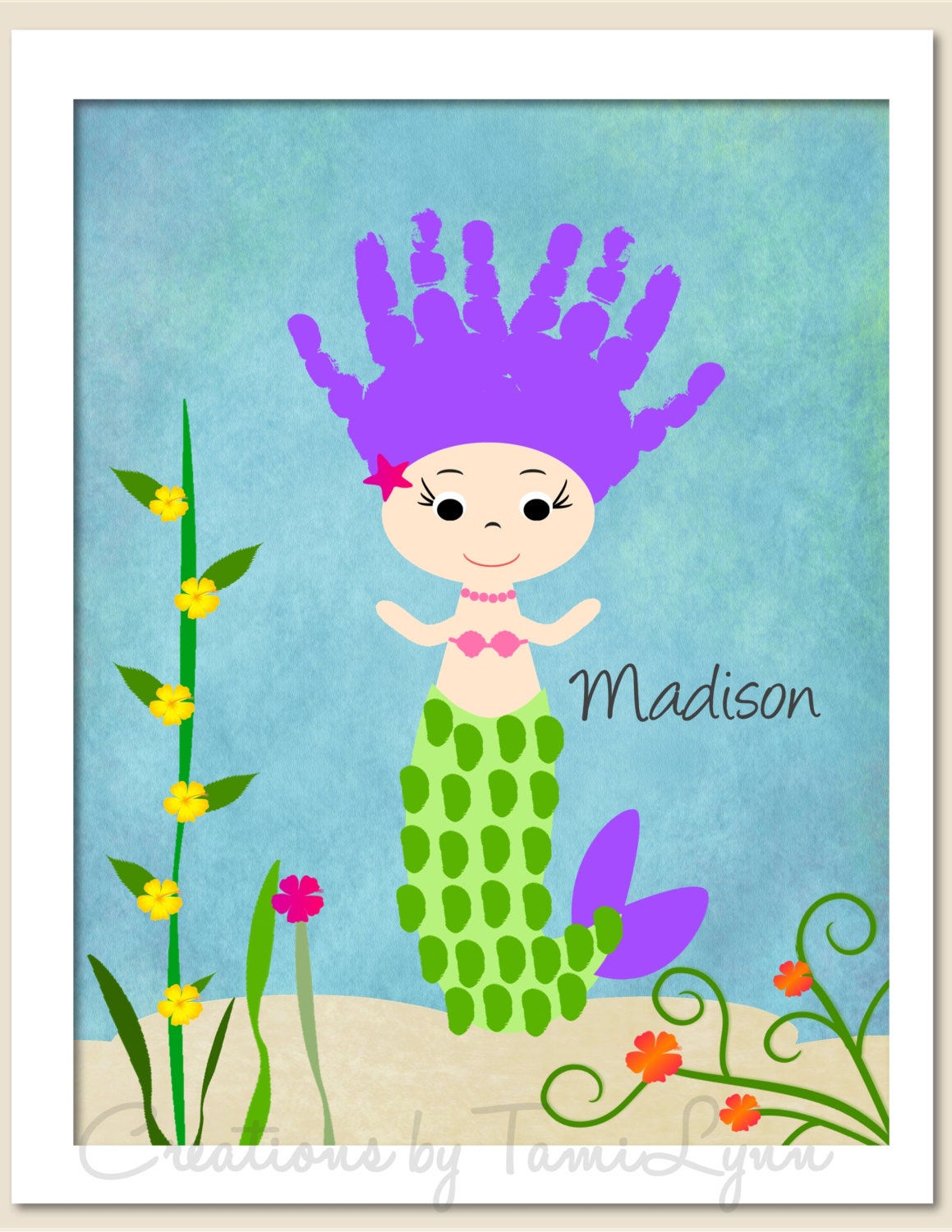 Mermaid Handprint with Ocean Background by CreationsbyTamiLynn