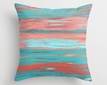 Coral Teal Throw Pillow Cover Aqua Light Coral Abstract Ombre Modern Home Decor Living room bedroom accessories Cushion Euro Sham Cover