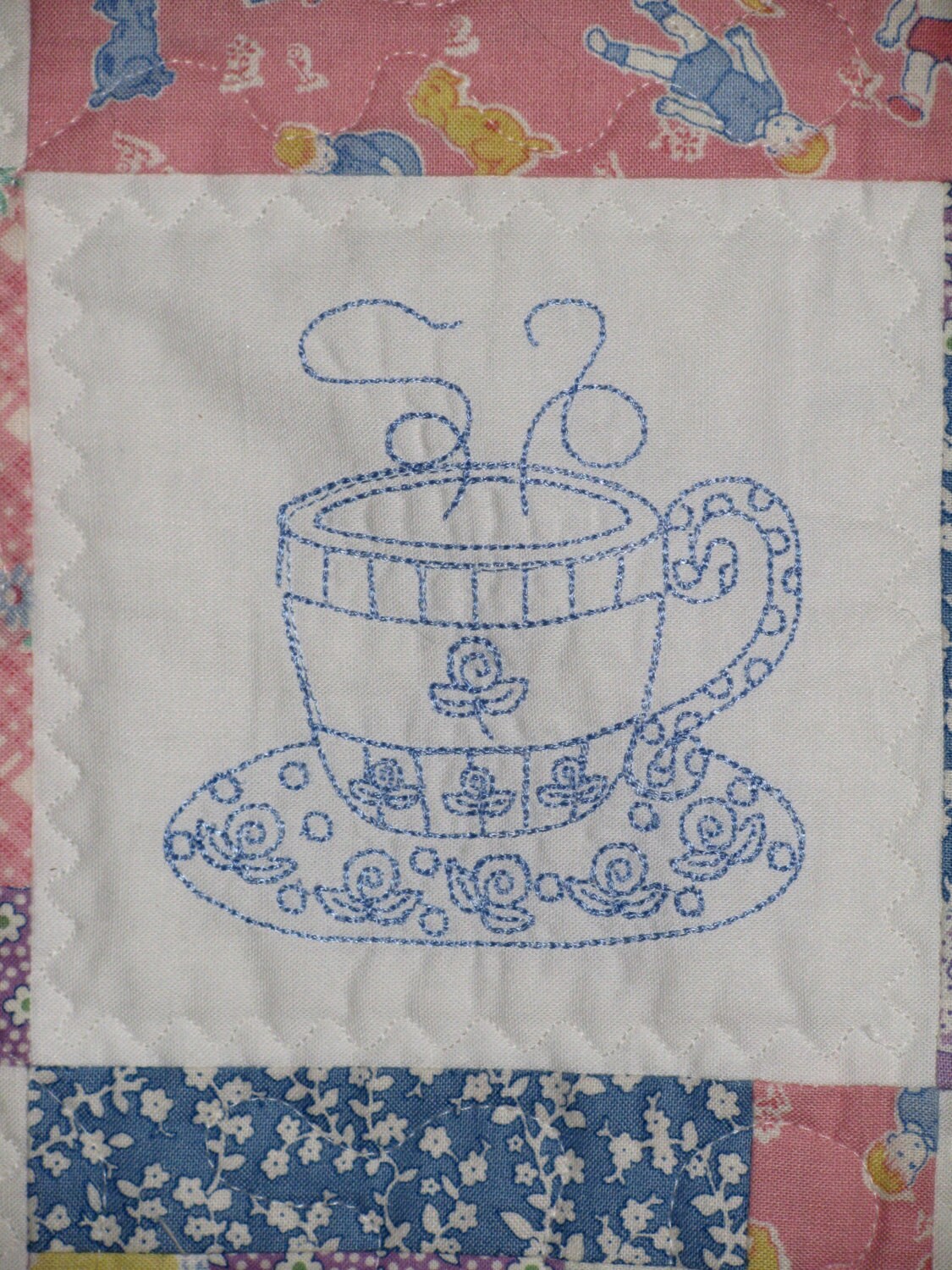 Teacup Quilt Blocks Set set of 5 blue thread by DLQuiltDesigns