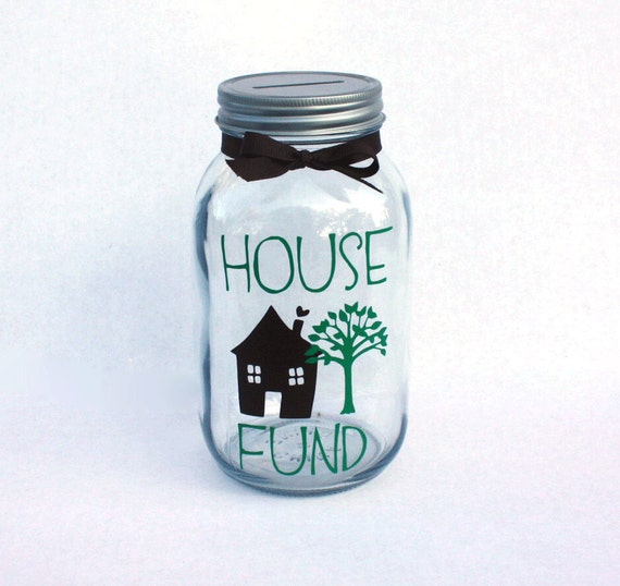 House Fund Mason Jar Bank with coin slot lid and Vinyl Decals