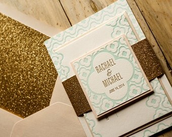 Peach, Mint & Gold Glitter Letterpress Wedding Invitation, Mint Wedding Invite, Moroccan-tile Invitation, Peach Invitation - Sample Set