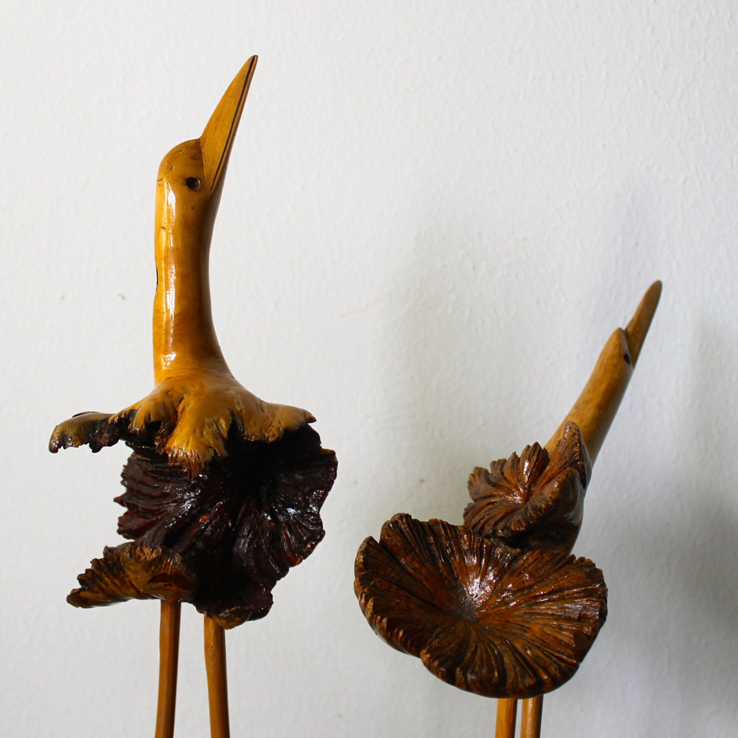 Folk Art Birds Figurines Burl Wood By Blanemodernvintage 