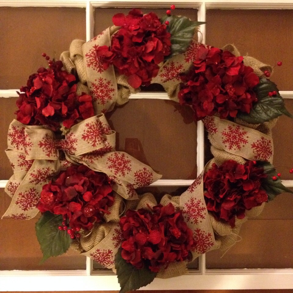 Burlap Holiday Wreath with Red Peonies and Snowflake ribbon