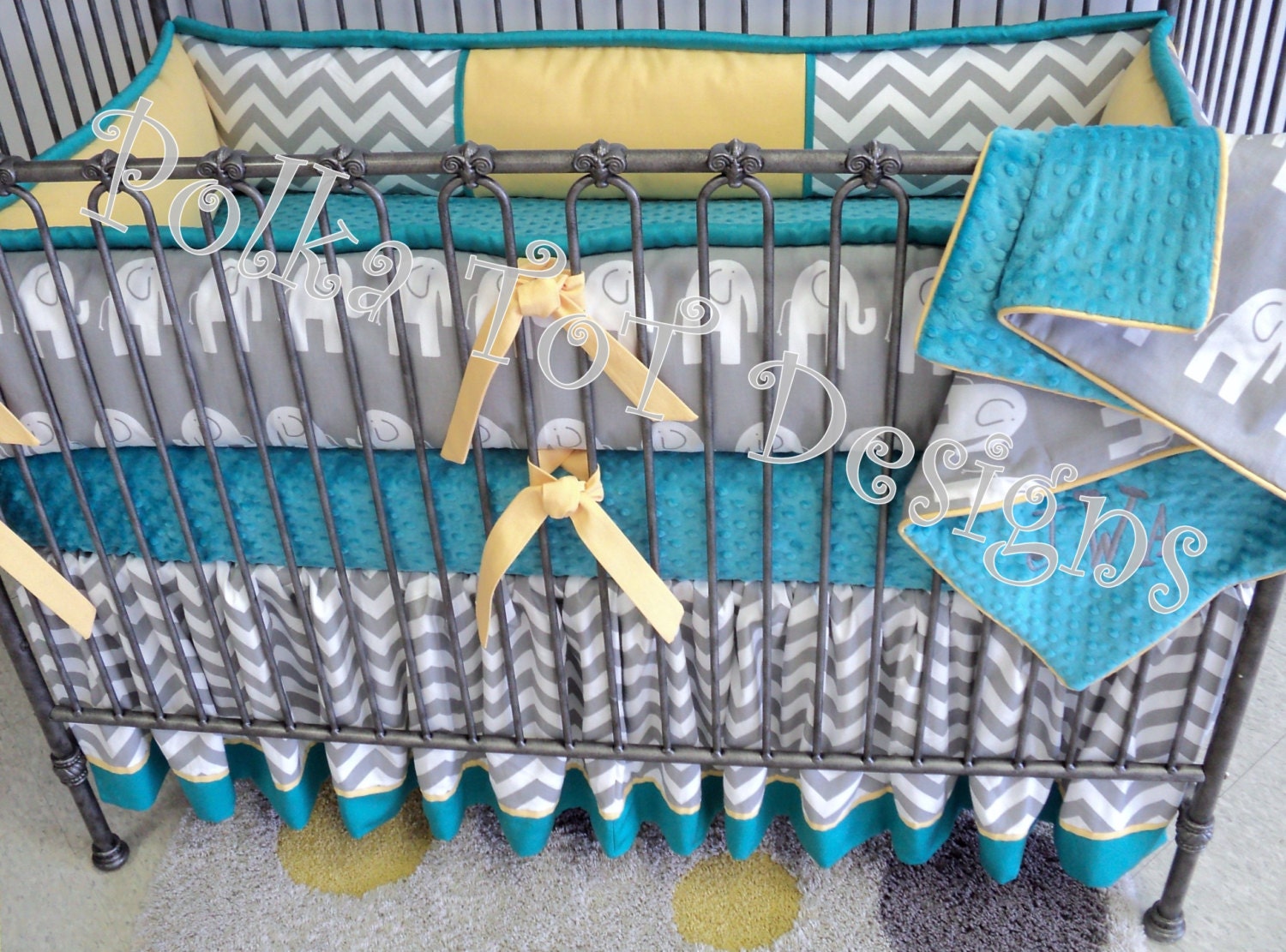 Teal Yellow & Gray Crib Set Elephants and Chevron