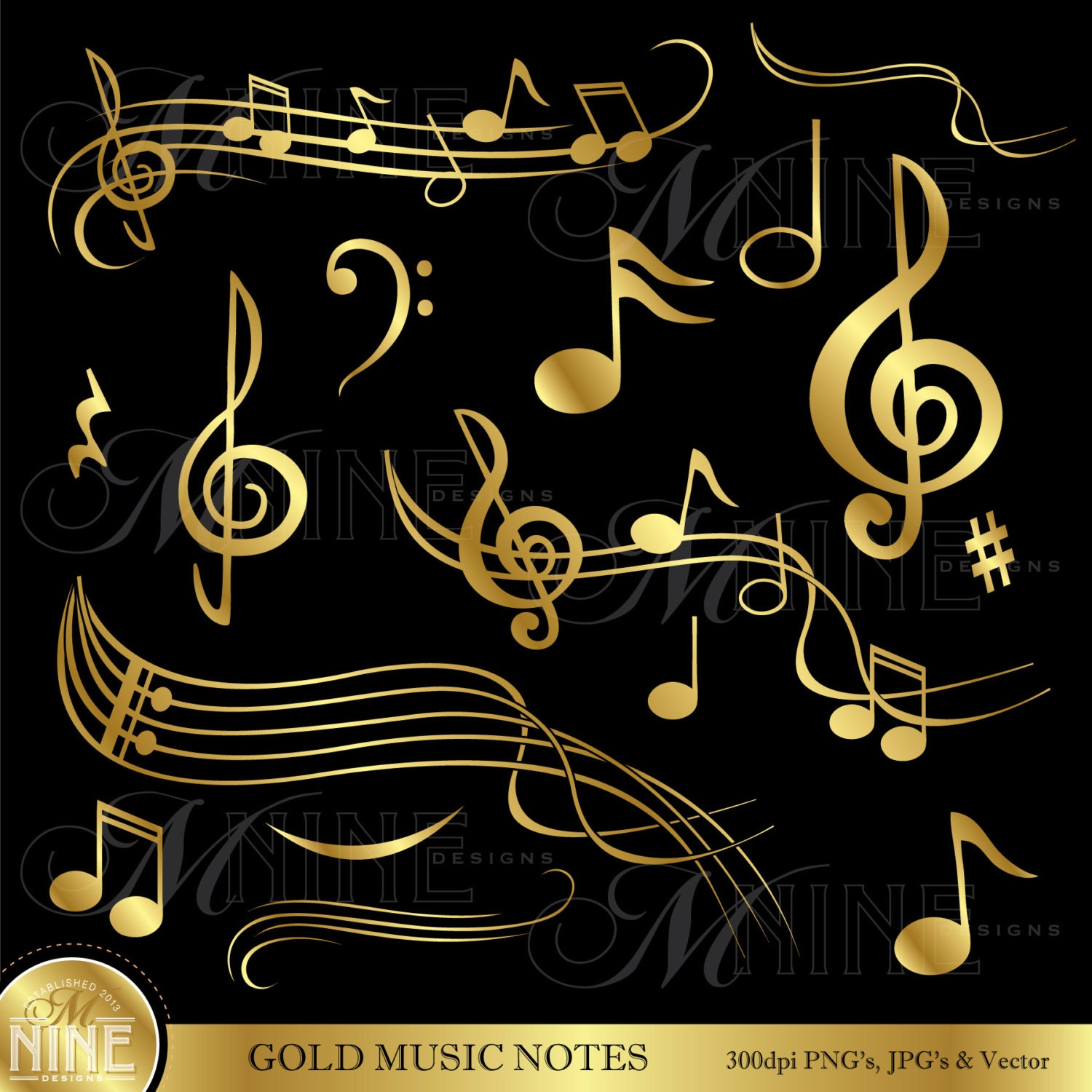  GOLD MUSIC NOTES Digital Clipart Musical Accent Clipart Design