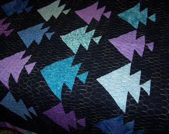 Quilt, Black Sea water hand made quilt aquatic quilt deep water quilt fish quilt patchwork quilt black quilt blue quilt turqoise quilt
