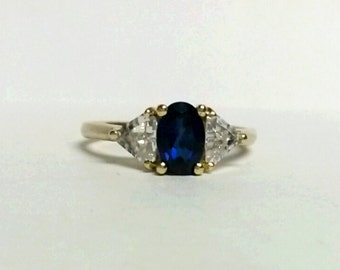Size 8 Estate 14k Gold Diamond Ceylon Blue Sapphire Ring Cocktail H