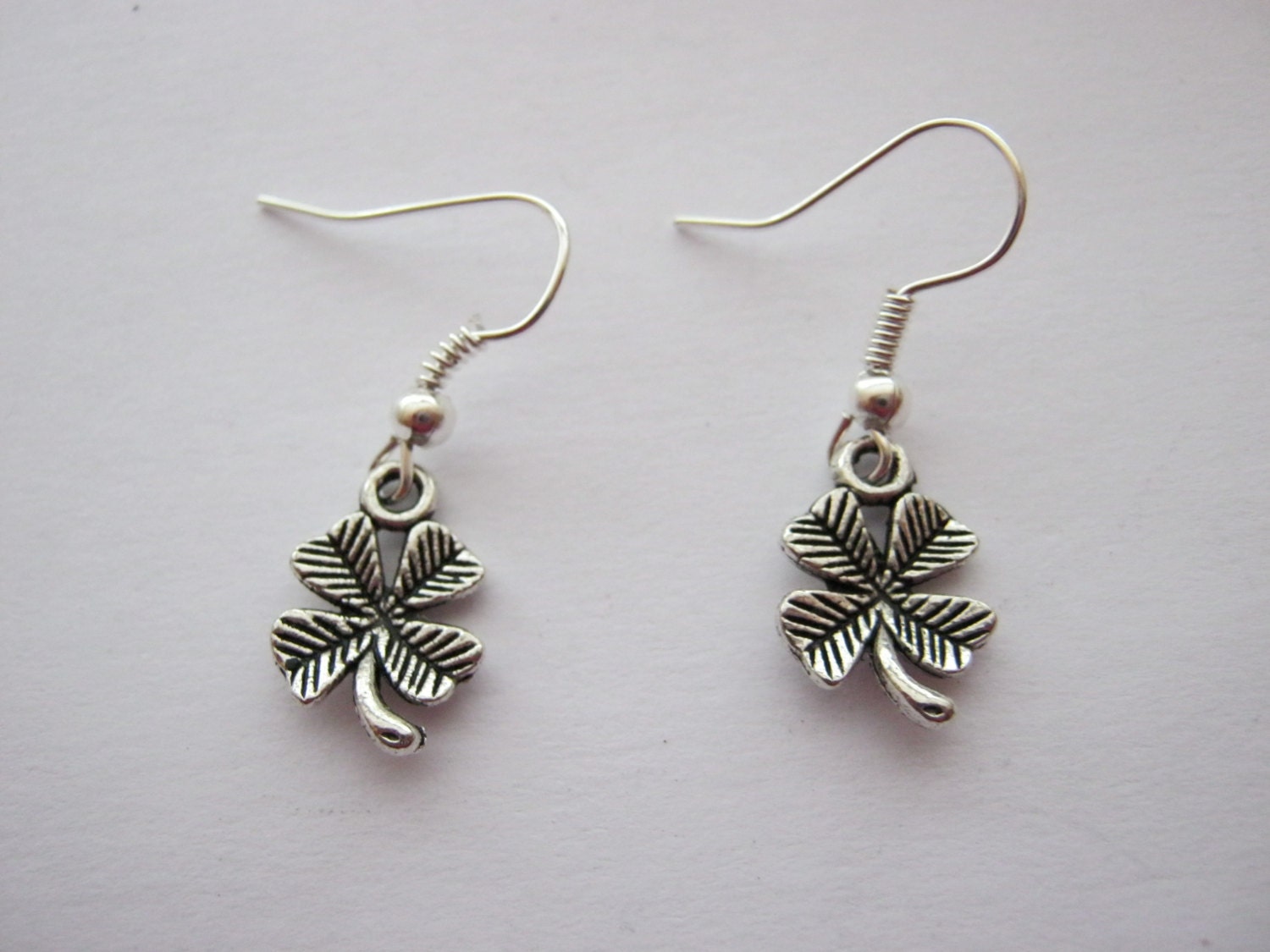 Irish Four Leaf Clover Drop Earrings on Silver Plated Wire