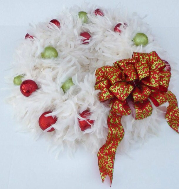 Christmas wreath in Cream,Red and Lime Green -Feather wreath - Holiday Decor