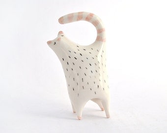 Ceramic Chubby Cat Miniature in White Clay and Decorated with Pigments in Pink and Black. Ready To Ship