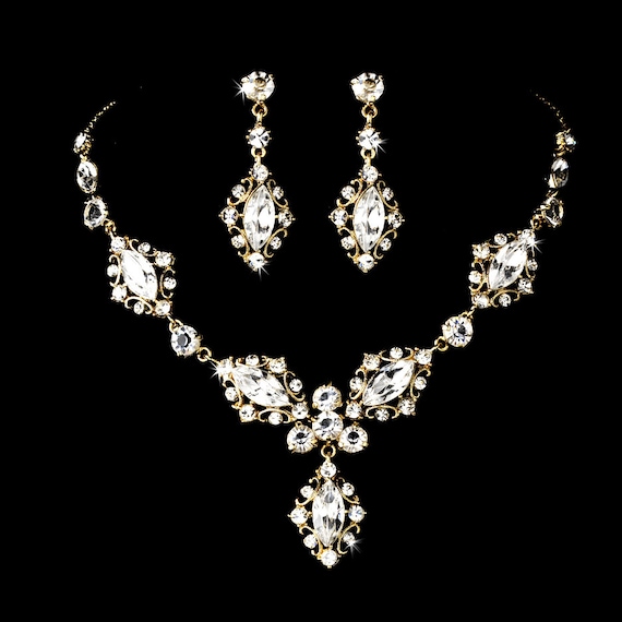 Items similar to Gold Bridal jewelry set, Bridal necklace and earrings ...