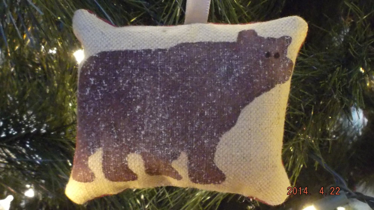 Primitive Burgundy Bear Stenciled Pillow Christmas Ornament on Canvas/Burgundy Star Fabric FREE SHIPPING!
