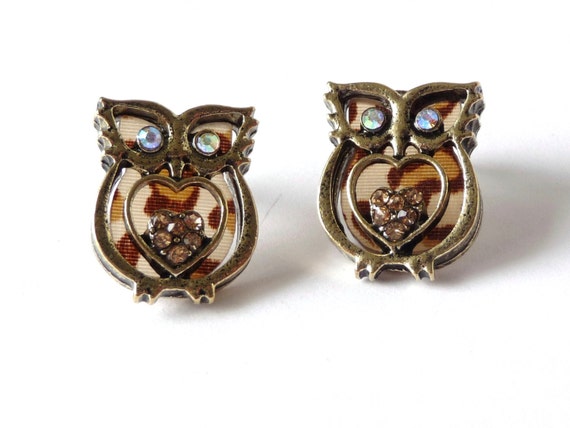 Brown Owl Earrings, Heart, Studs, Post, Glass, Rhinestones, Metal