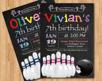 Bowling Birthday Invitation. Boy or Girl Bowling Theme Birthday Party Invite. Blue Pink Chevron. 6th 7th 8th any age. Printable Digital DIY