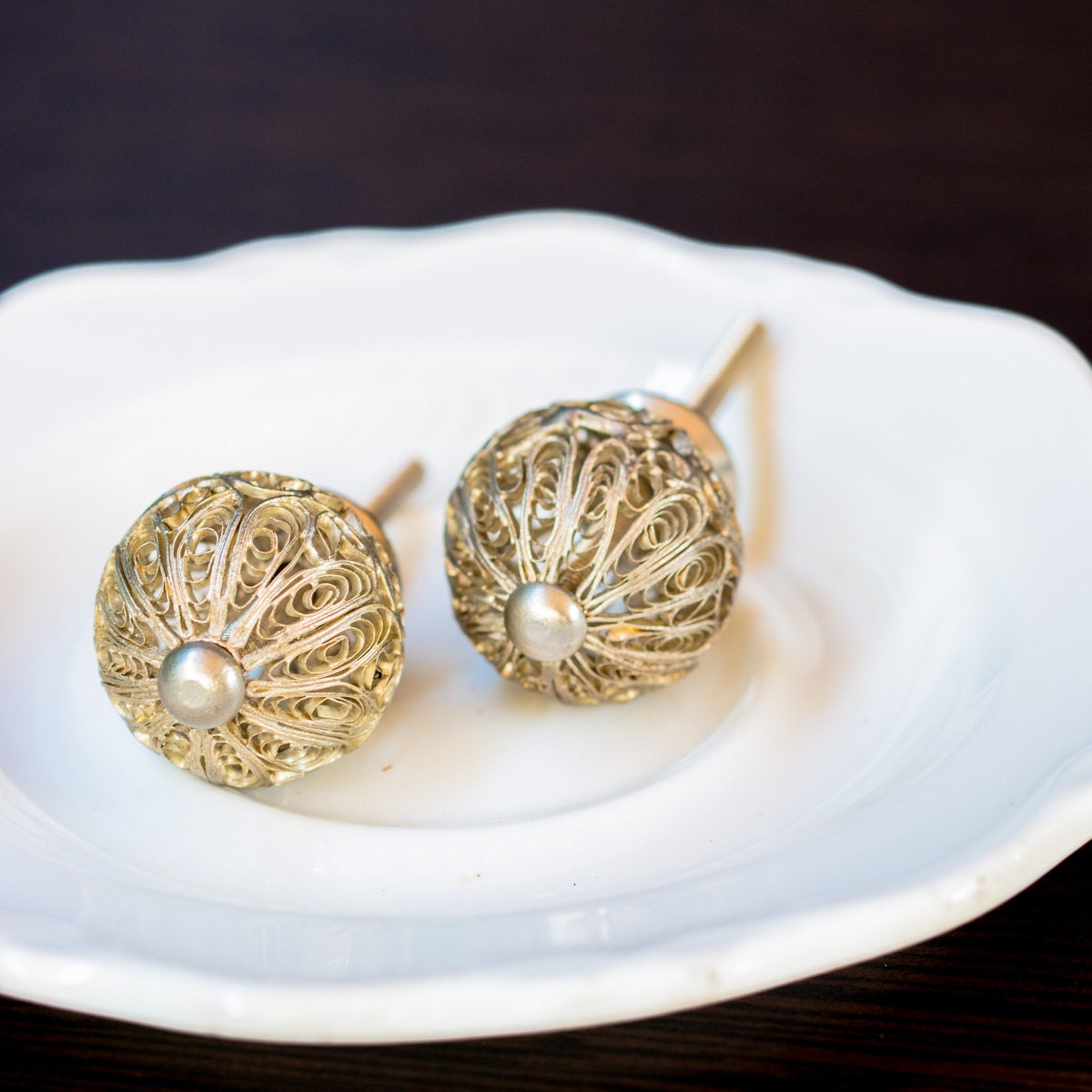 A pair of delicate filigree drawer/ cabinet knob/ pull