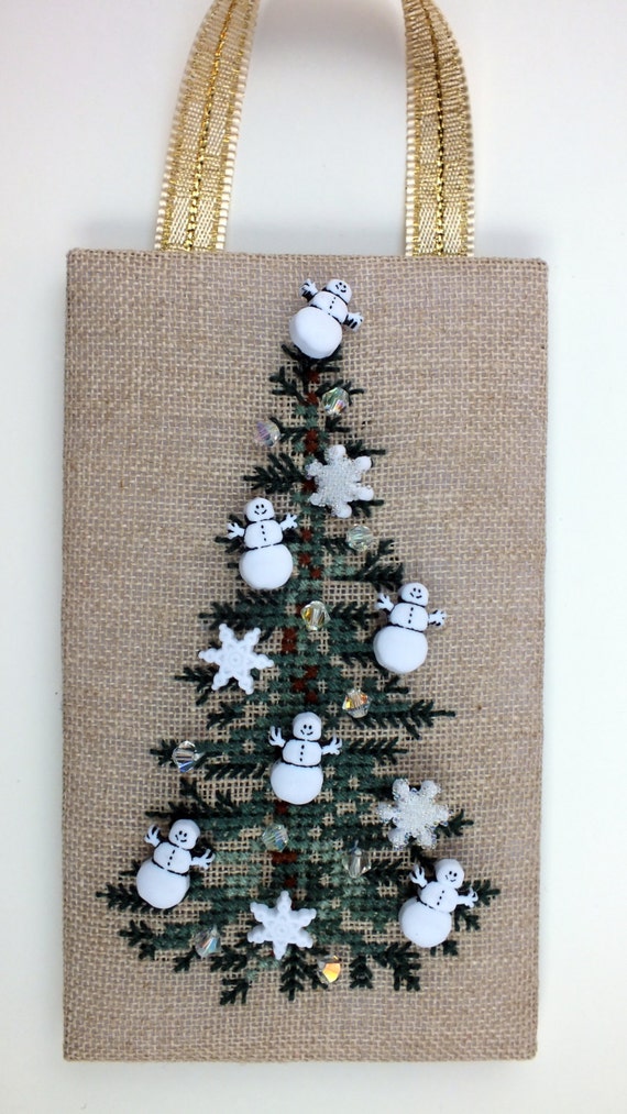 Finished Cross Stitch Christmas Ornament Beaded Snowman