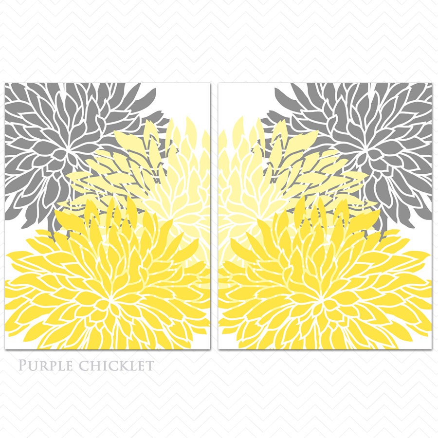 Yellow Gray Dahlia Flower Burst Wall Art Prints Baby Decor