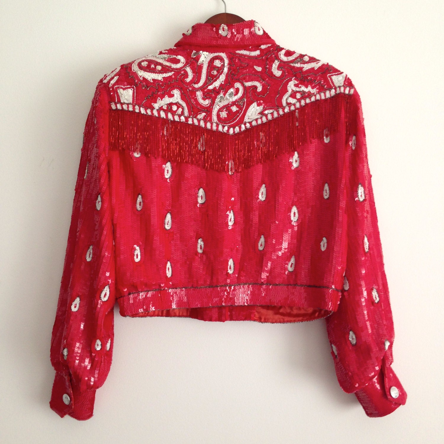 Vintage Red Bandana Fringe Beaded Jacket Size Medium by FengSway