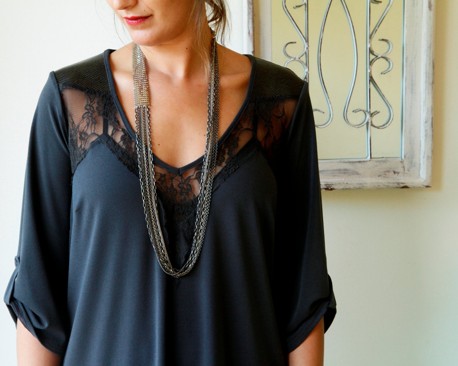 Over Size Grey Mini Dress / Elbow Sleeves Dress / V neck