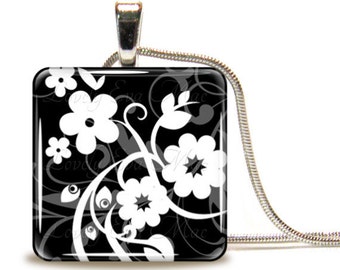 Black & White Floral, Glass Tile Necklace, Glass Tile Pendant, Glass Cabochon, Ready to Ship