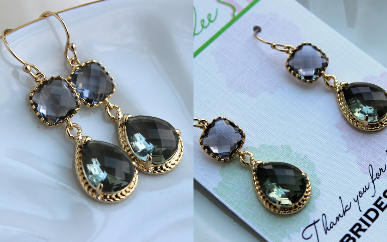 Gold Charcoal Gray Earrings Two Tiered Grey Gray Wedding