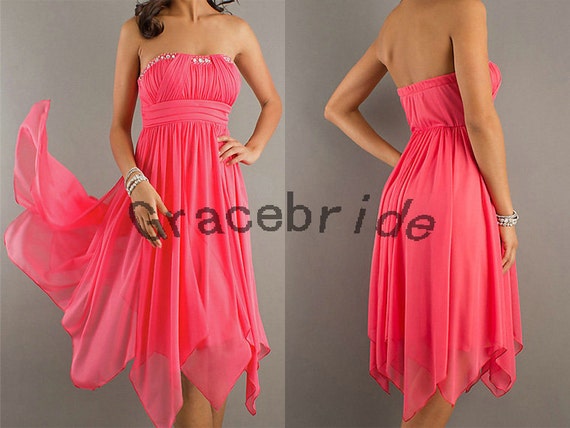 fashion a-lne watermelon chiffon dresses,short mini prom dresses for homecoming perfect bridesmaid strapless design stratified skirt