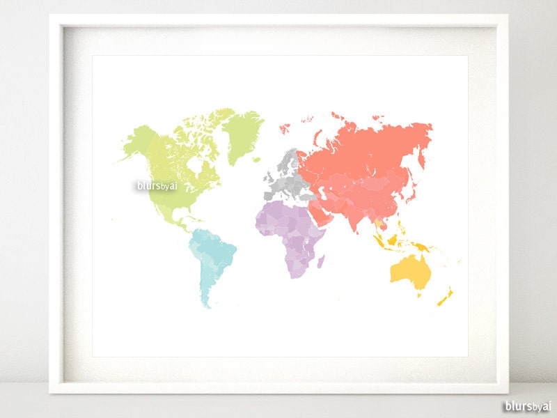 20x16 10x8 Printable world map bright colors by blursbyaiShop