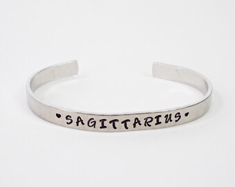Zodiac Bracelet Cuff - Personalized Bracelet - Sagittarius Cuff - Handstamped Cuff - Zodiac Sign Bracelet - Astrology Gift - Birthday Gift
