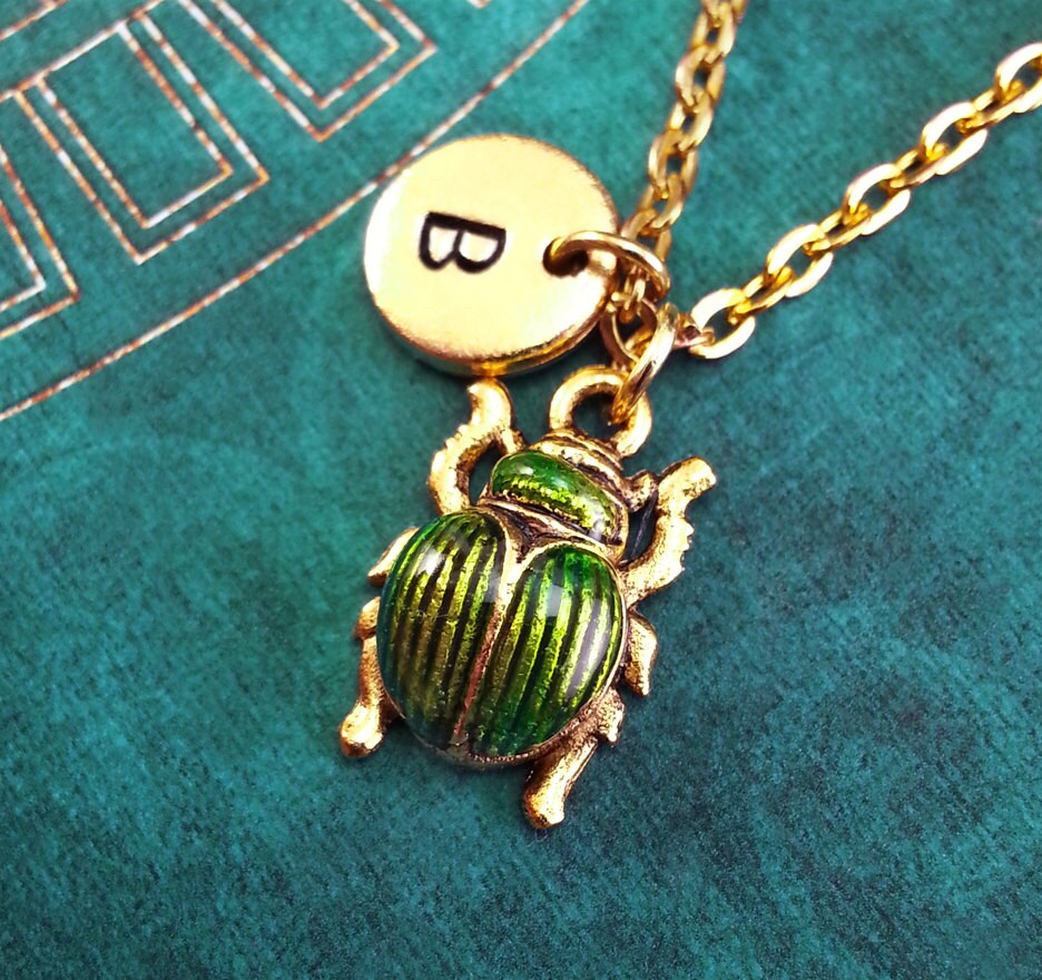 Green Beetle Necklace Bug Necklace Custom Initial by MetalSpeak