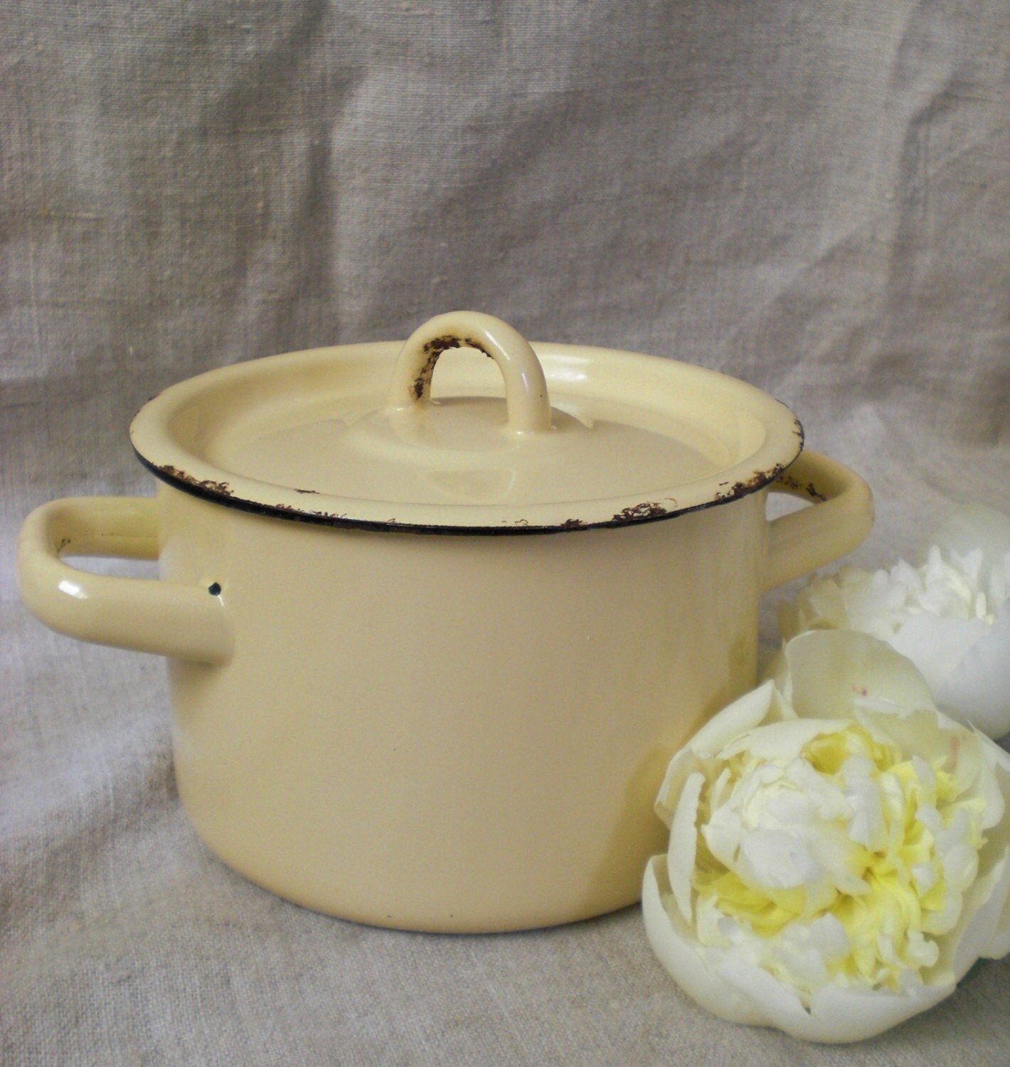 Vintage enamelware enamel pot yellow enameled by vintagefullhouse