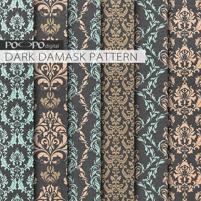 Black damask scrapbook paper digital kraft mint by POandPOdigital