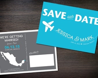 Destination Wedding Save-the-Date Postcard, Blue, Gray, Customizable Colors, Printable Digital File, DIY