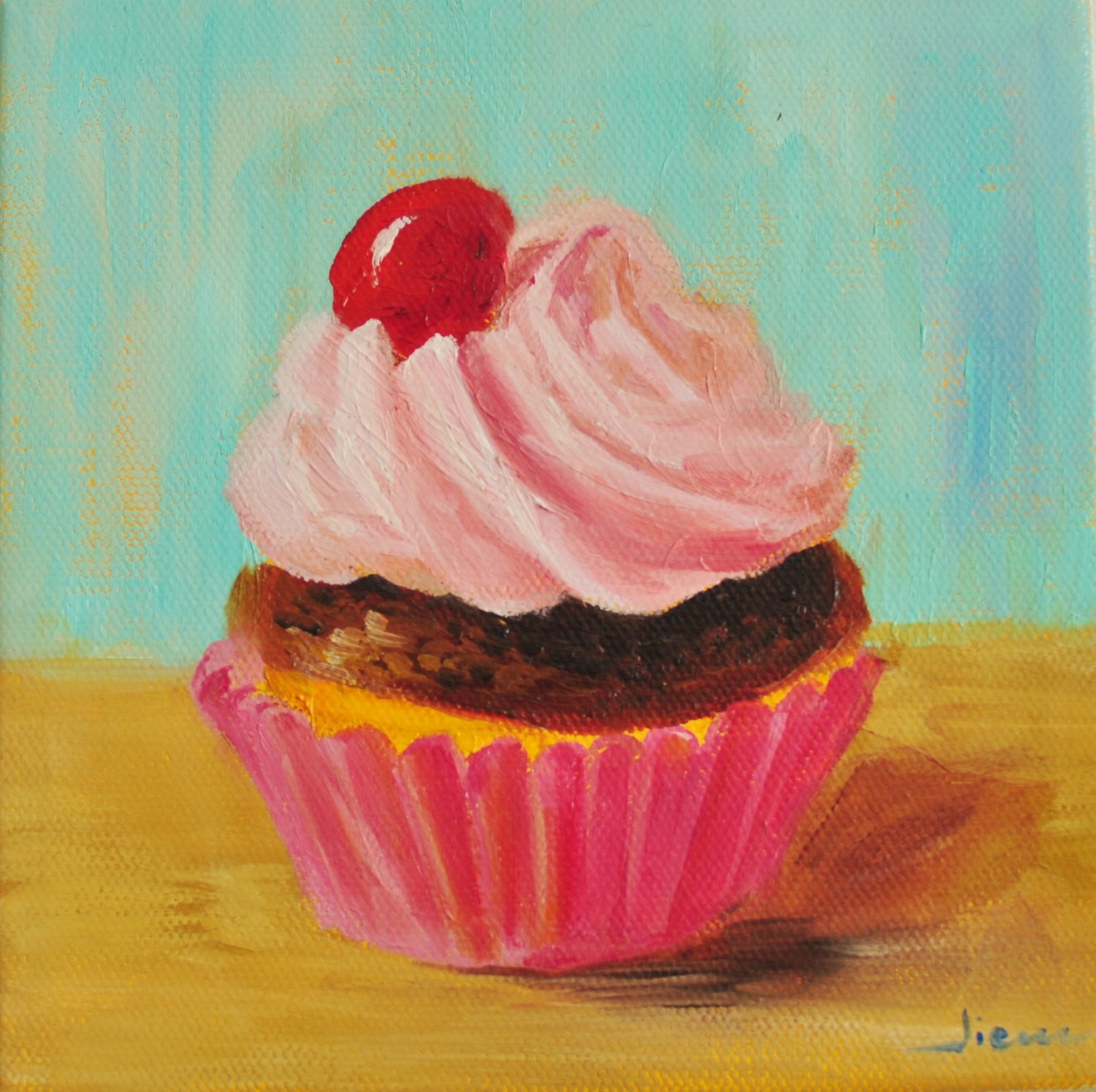 Cherry cupcakeOriginal oil painting on 6X6 canvas