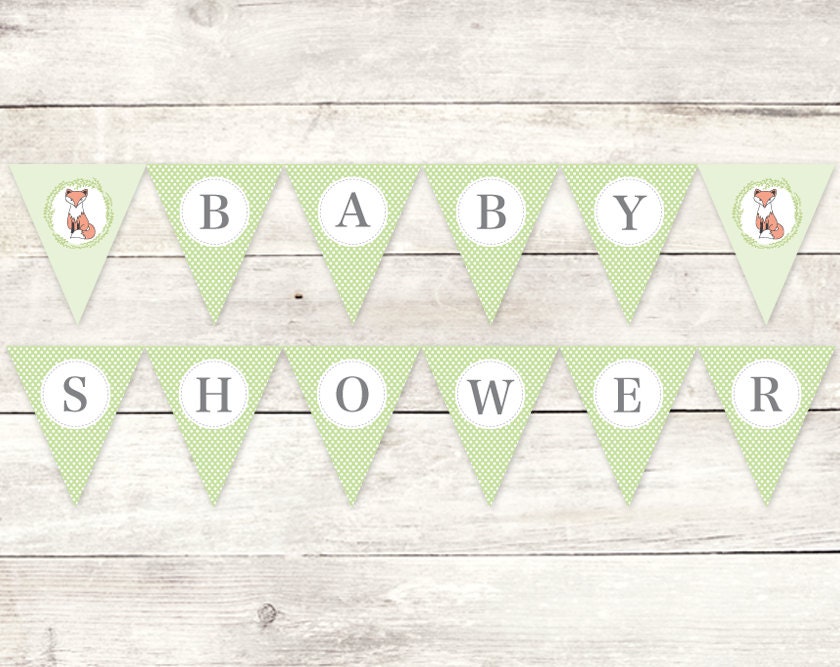 Download baby shower banner printable DIY bunting banner fox green grey