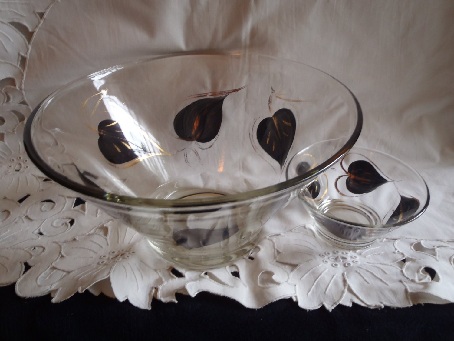 Glass Bowl Black and Gold for Chips and Dip , Vintage Serving Bowl with