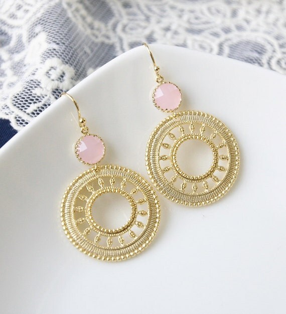 Baby Pink Earrings Lace Pattern Earrings Matt by MuseBell