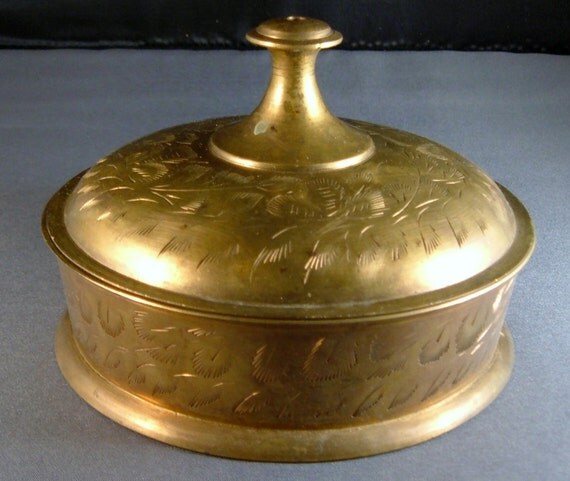 Vintage Brass Lidded Etched Candy Dish Decorative Brass